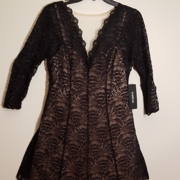 Bebe black Lace Tulle mini dress sz 10 3/4 sleeve - Picture 2 of 5